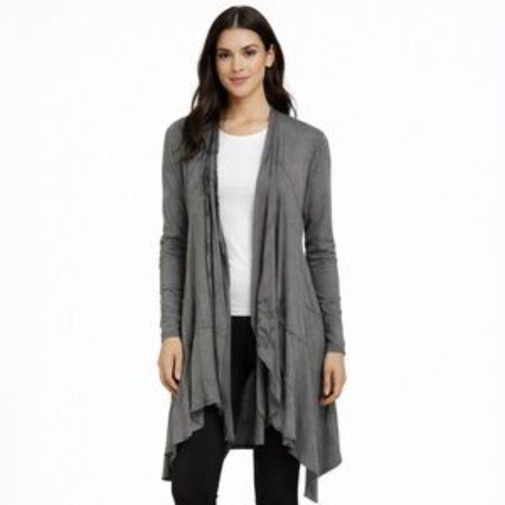 Anthropologie Tiny Gray Open Front Embroidered Floral Cardigan Sweater M
